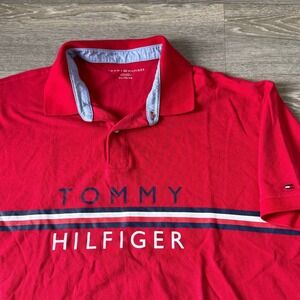 Tommy Hilfiger Spellout Pique Polo Shirt Red Mens XL Stretch Short Sleeve Preppy
